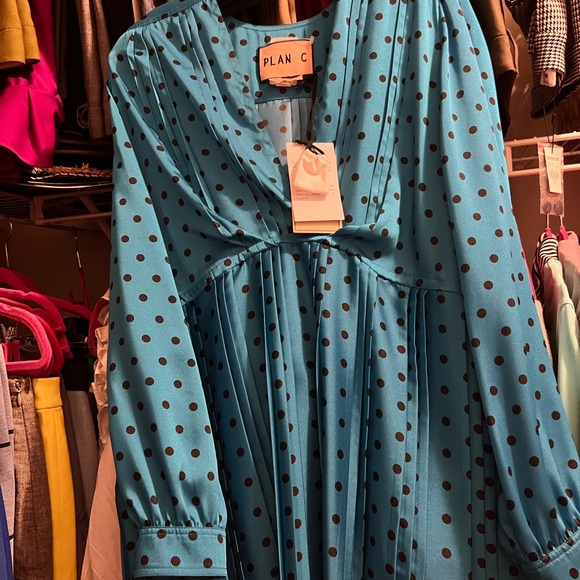 Plan C Mountain Sky (blue) Polka dot Pleated Midi Dress - Picture 7 of 7
